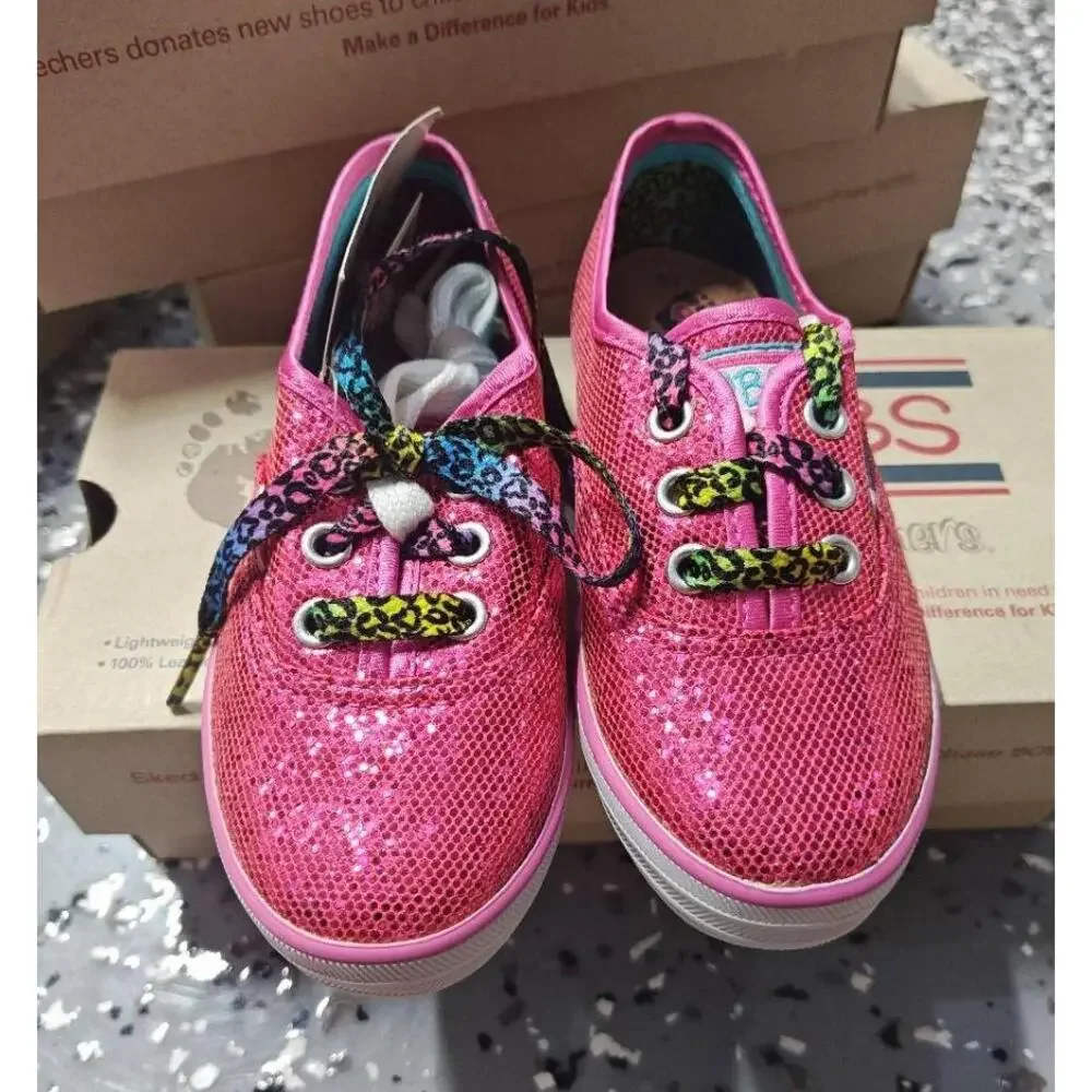 Bobs‎ Skechers Sneakers Boardwalk Pink shimmer glitter leopard laces canvas US 9